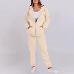 Women casual fleece lined tracksuit set winter hoodie and sweatpants cozy beige outfit