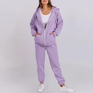 Detailed view of the women's lavender hooded zip-up sweatshirt and casual sweatpants set.