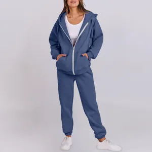 Women casual fleece zip-up hoodie and sweatpants tracksuit set comfortable autumn winter