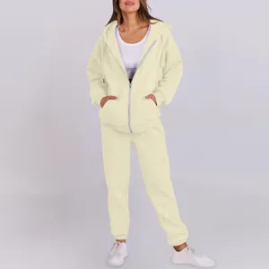 Casual zip-up hoodie and sweatpants set detail showcasing soft fleece fabric and relaxed fit.