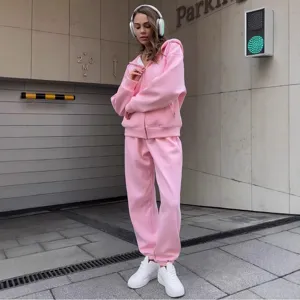 Tuta sportiva rosa da donna 2 pezzi felpa con cappuccio e pantaloni casual autunnale