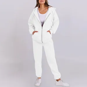 Women white tracksuit set hooded zip up sweatshirt and casual sweatpants comfy loungewear