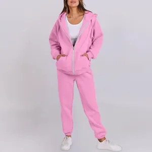 Women pink fleece lined hooded sweatshirt tracksuit casual loose outerwear winter wear
