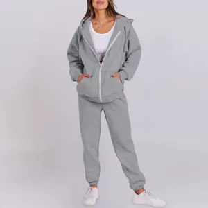 Detailed view of casual gray hooded zip sweatshirt and sweatpants set features soft fabric.