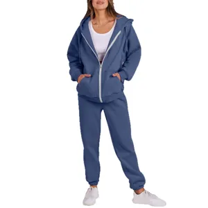 Women casual fleece lined zip up hoodie and sweatpants tracksuit set main view daily wear