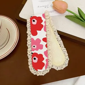 Sweet floral knit bangs sticker with lace trim, cute girl hair fringe patch accessory detail.