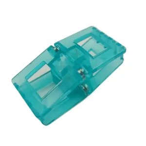 Square transparent blue magnetic hair clip detail, stylish smart hair accessory close up.