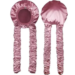 Satin sleep cap with extra long braid tails, silky pink hair bonnet for long hair.