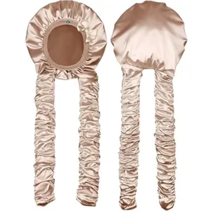 Champagne satin long hair bonnet with heatless curler ties, premium sleep cap for women.