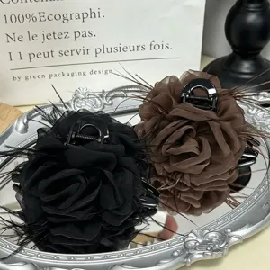 Mesh Rose Feather Hair Claw Clip Large Shark Clip Elegant Floral Hair Accessories