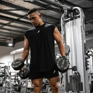 Men sleeveless gym training vest detail shot, breathable mesh sports apparel for workout.