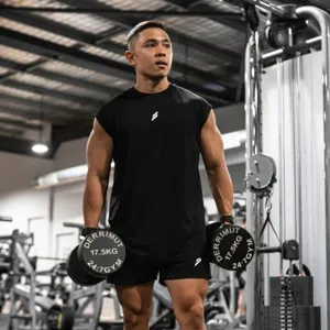 Gym fitness sports tank top close-up showing breathable mesh fabric and comfortable fit.