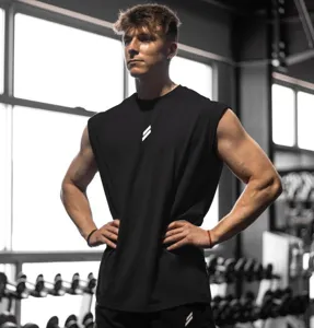 Black sleeveless fitness tank top for men, breathable mesh quick-dry workout vest detail.