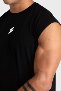Detail view of black men's fitness tank top, breathable quick-dry mesh fabric, activewear.