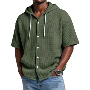 Camiseta Casual de Manga Corta con Capucha Waffle para Hombre Suelta Color Sólido Botón Cardigan Top de Verano Transpirable