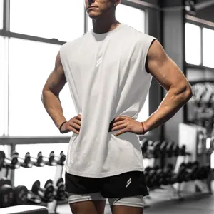 Men's gym workout sleeveless tank top detail view, breathable mesh fabric for summer training.