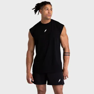 Men's black sleeveless gym tank top and athletic shorts set, breathable fitness sportswear.