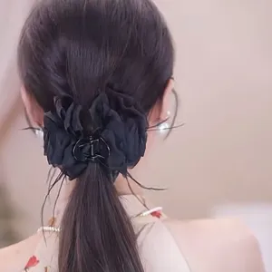 Black mesh flower hair claw clip with feathers, elegant back head shark clip for women.