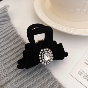 Black velvet rhinestone hair claw clip elegant bow shark clip for women autumn winter hair