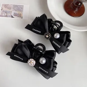 Pearl camellia bow hair claw clip elegant black ribbon shark clip for women bun hair styling