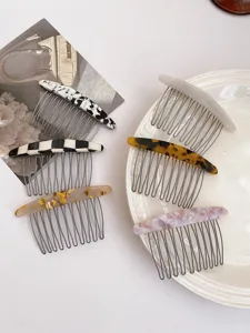 Koreanische Metallzähne Haarkamm Set Marmor Karomuster Haarschmuck für Damen Accessoires