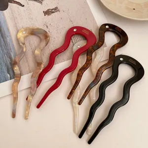 Acetaat U-vormige golf haarspeld met enkel strasssteentje elegante haarvork haaraccessoire