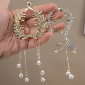 Rhinestone bun hair clip with pearl tassels, elegant metal ponytail holder for women and girls.