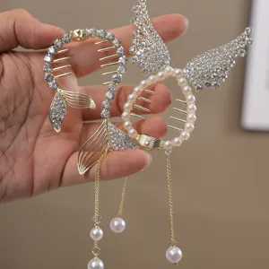Cute Kids Rhinestone Pearl Hair Claw Clip Mermaid Wing Design Hair Accessories for Girls