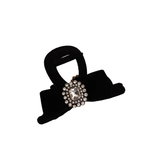 Black velvet bow hair claw clip with crystal rhinestones for women elegant hair styling tool