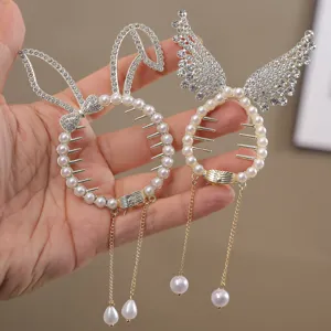 Rhinestone Pearl Hair Claw Clip Bunny Wings Hair Accessories Cute Ponytail Holder for Women