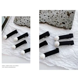 Elegant black ribbon hair clip with faux pearl, Korean style side bang clip for women.
