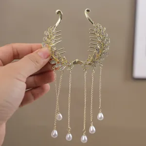 Gold rhinestone hair claw clip with pearl tassel dangles elegant ponytail hair accessories