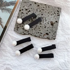 Elegant black ribbon hair clips with large white pearls, side fringe bangs hairpins for women
