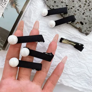 Black ribbon pearl hair clips for women, elegant side bangs hairpins for daily wear.