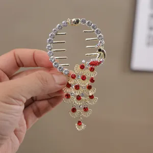 Rhinestone Peacock Hair Claw Clip Gold Metal Ponytail Holder Bun Maker Hair Accessories