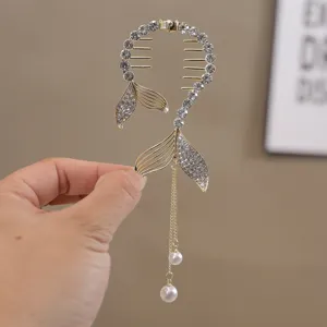 Gold rhinestone hair clip with pearl tassels, elegant ponytail holder for women and girls.