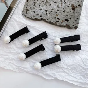 Elegant Princess Style Black Artificial Pearl Hair Clip For Women Ribbon Velvet Rhinestone Bang Clip Side Hairpin Fashion Headwear Accessories