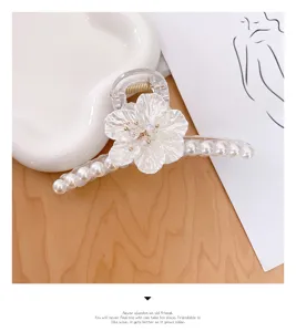Pinza de pelo transparente de acrilico con flor de perla, gran accesorio para peinado.