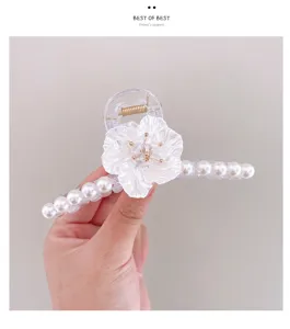Pinza de pelo transparente flor perla, pinza grande de tiburon para peinado elegante diario.