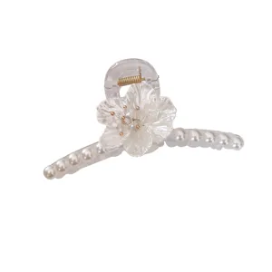 Gran pinza de pelo transparente con perlas y flores para mujer, elegante accesorio diario.