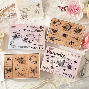 Wooden butterfly rubber stamp set for journaling and vintage diary crafting set of 8pcs