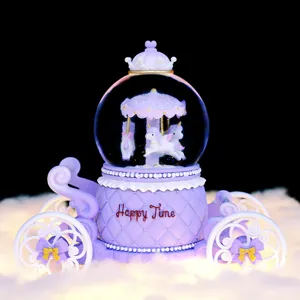 Unicorn Carousel Carriage Music Box Crystal Ball LED Light Snow Falling Romantic Resin Glass Ornament Birthday Valentine Gift