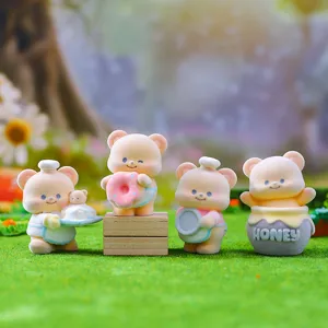 Cute flocked bear figurines set, miniature resin animal toys for desktop decor and gifts.