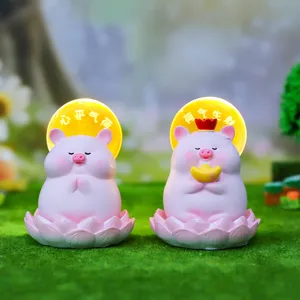 Süßes rosa Schweinchen LED Nachtlicht mit Lotussockel Schreibtisch Deko Detailansicht.