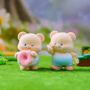 Cute flocked bear blind box figurines, sweet cartoon toy set for desktop decoration and gifts.