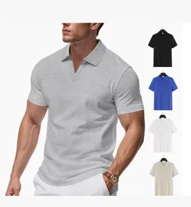 Heren wafelbreisel korte mouw V-hals poloshirt, casual zomertop voor sport en vrije tijd.
