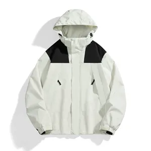 Wasserdichte winddichte Outdoor-Farbblock Kapuzenjacke Detailansicht für moderne Paare.