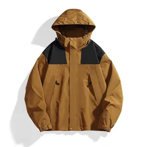 Braunschwarze, farbblockierte wasserdichte Kapuzen-Outdoorjacke Detailansicht, winddicht.