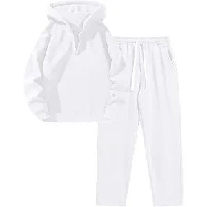 Completo tuta sportiva casual da donna con felpa con cappuccio mezza zip e pantaloni bianchi