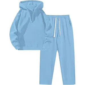 Completo tuta sportiva da donna in 2 pezzi con felpa mezza zip e pantaloni azzurri